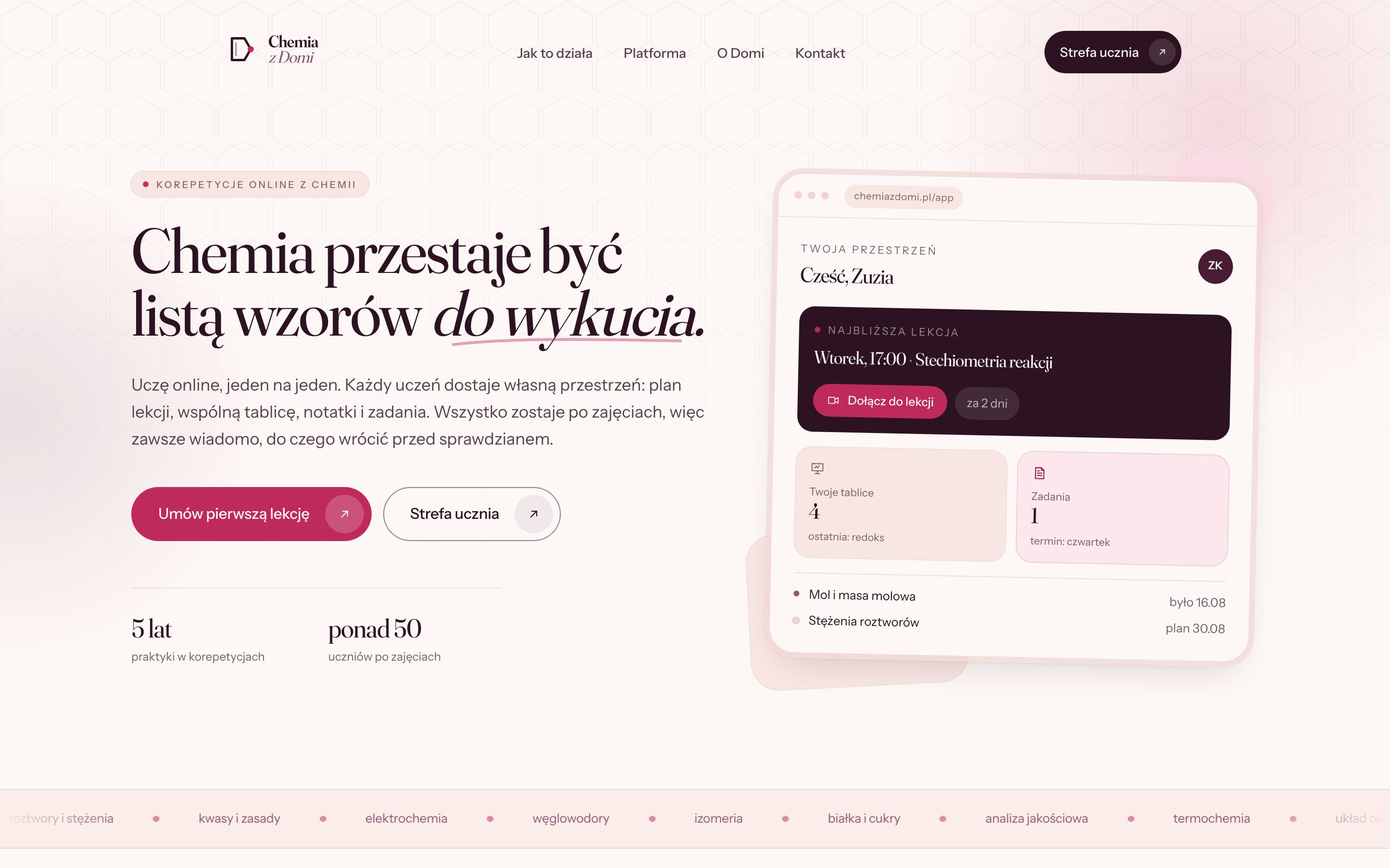 Strona główna platformy Chemia z Domi w wersji na komputer